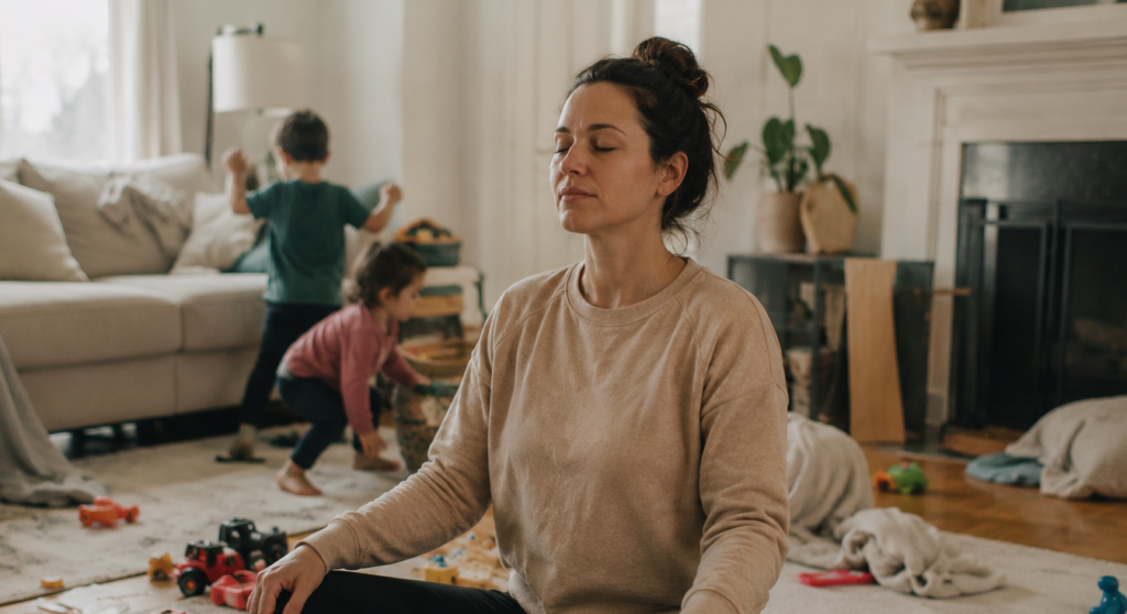 An exhausted parent sitting quietly at the kitchen table reflecting on parental burnout and emotional depletion during Mental Health Awareness Month
