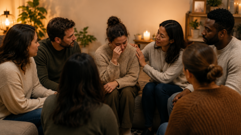 Parents gathered in a warm, intimate support circle, offering compassion and encouragement to a parent during an emotional moment. The cozy setting and caring interactions reflect the challenges of conscious parenting and the strength found in community support.