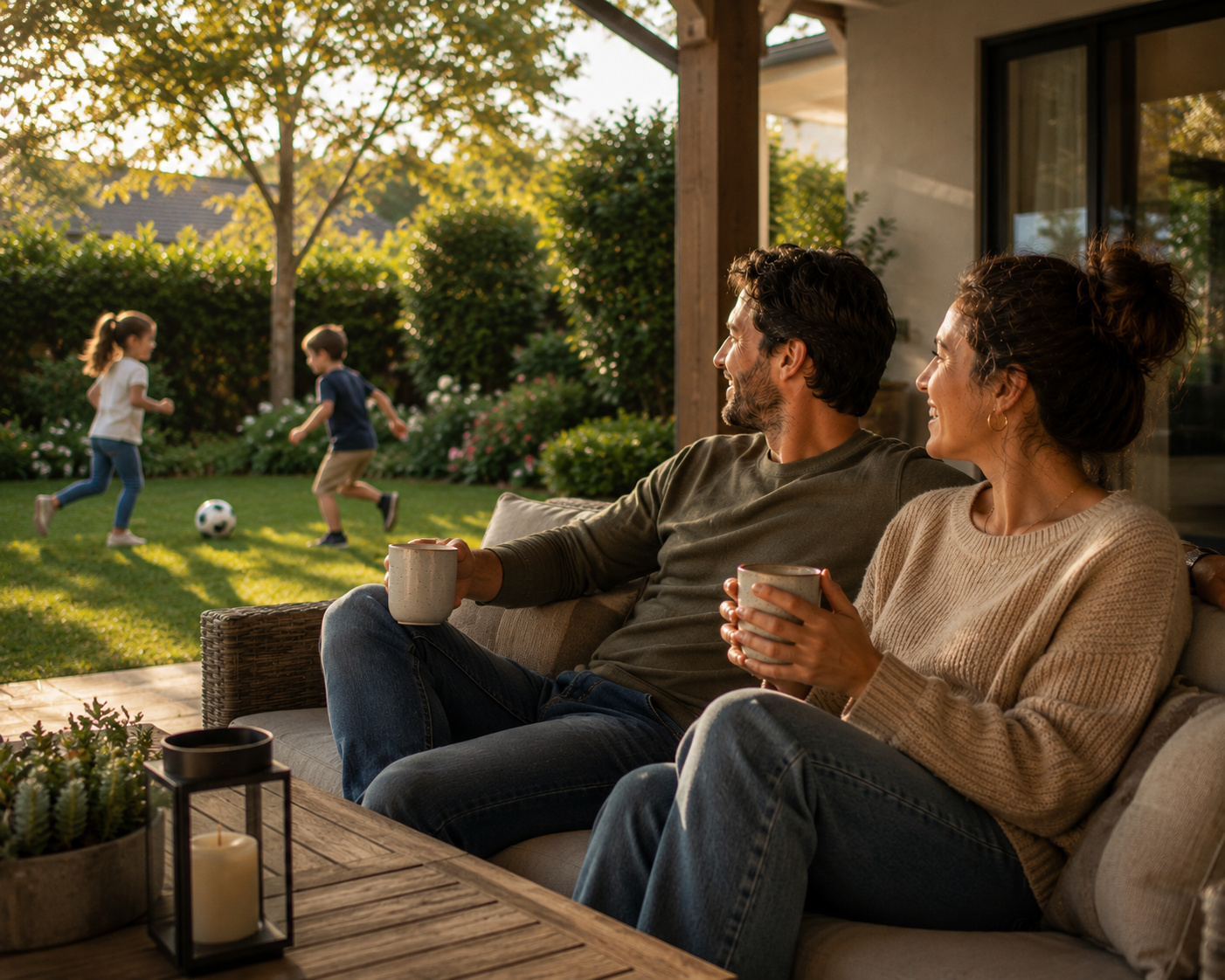 Parents sharing a peaceful moment while keeping an eye on their children playing outside.