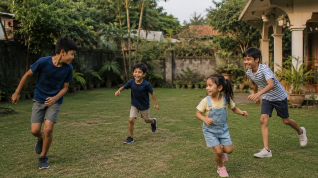 Four happy children running and playing together outdoors in a backyard representing screen free summer activities and healthy play for kids