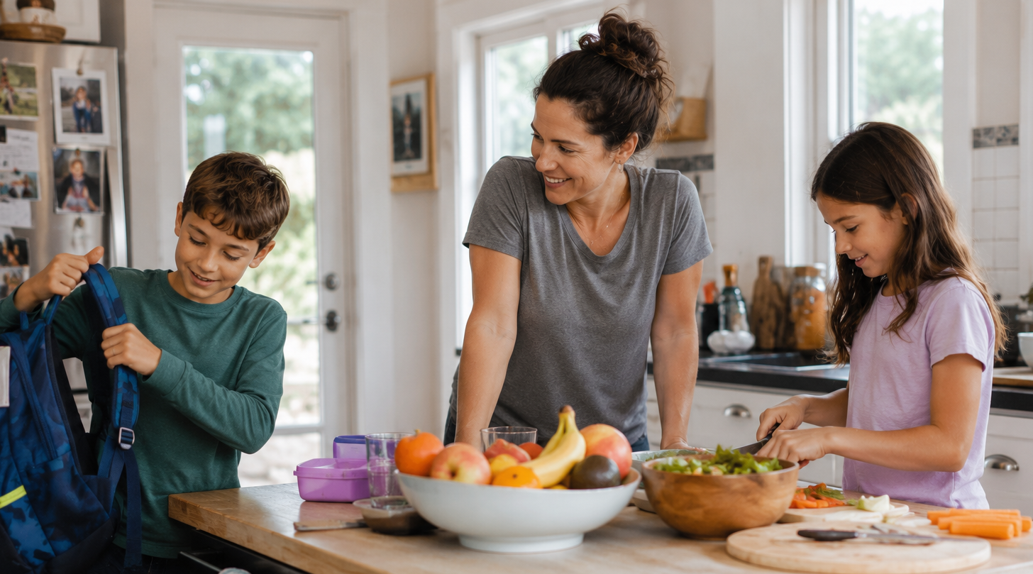 A family reconnecting in the kitchen after school as children unpack their day and help prepare an afternoon snack together.