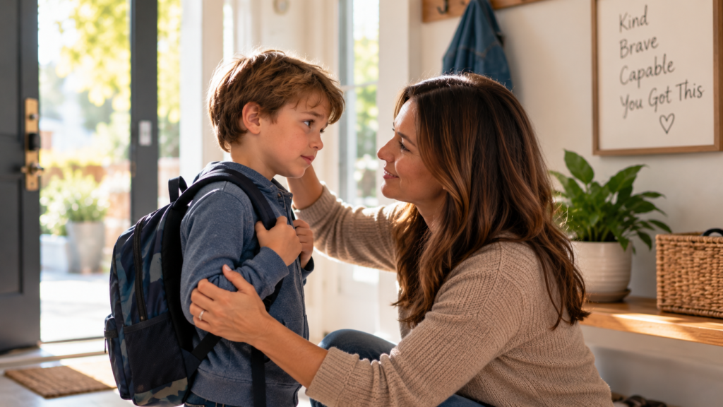 Parent reassuring a child with back to school anxiety before leaving for school.