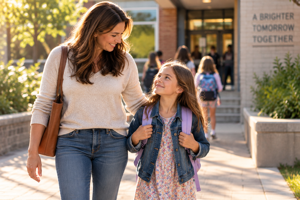 Parent supporting a calmer child walking to school after experiencing back to school stress.