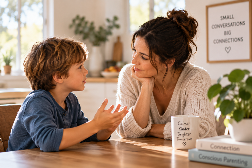 Mother listening attentively as her child talks during a calm parent-child conversation at home.