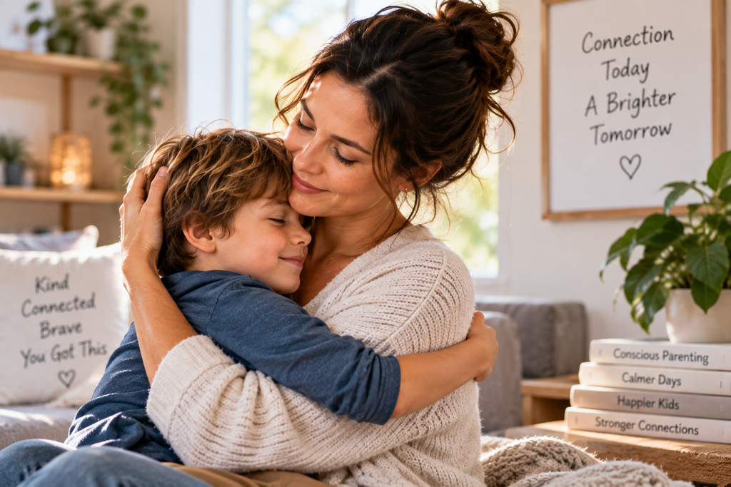 Mother hugging her child after a calm conversation, showing connection and emotional support.