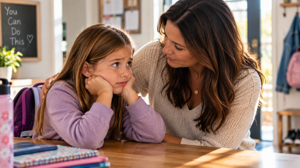 Parent listening calmly to a child experiencing back to school anxiety at home.